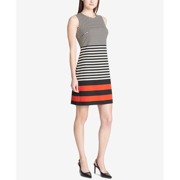 Calvin Klein Womens Striped Sleeveless Dress Black Tan Red Flared size Large - Picture 1 of 12